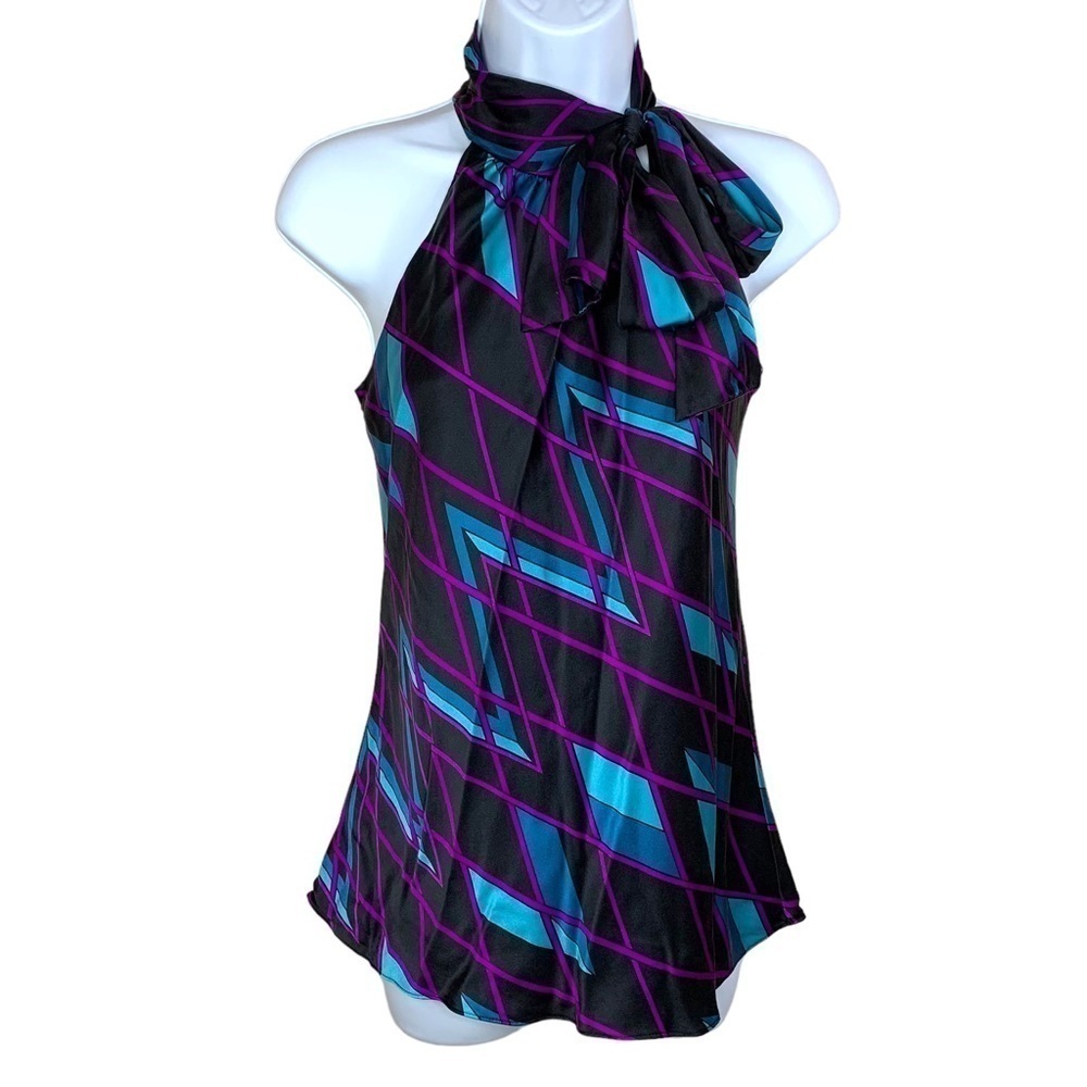 INC International Concepts Silk Blouse Sleeveless Geometric Print Movk Neck Bow